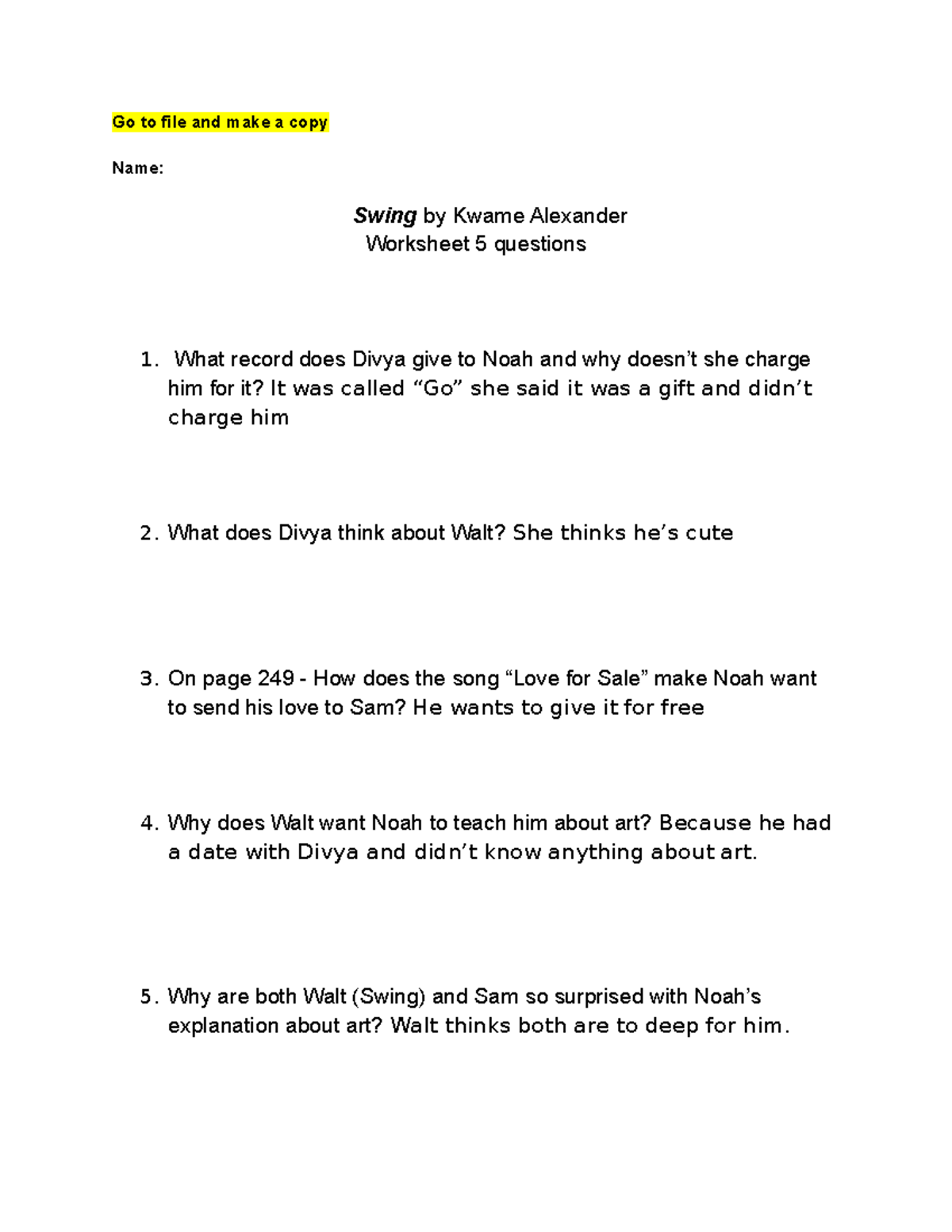 Swing Worksheet 5 - English 2 CP S1.1 22-23 Walthers done all questions ...