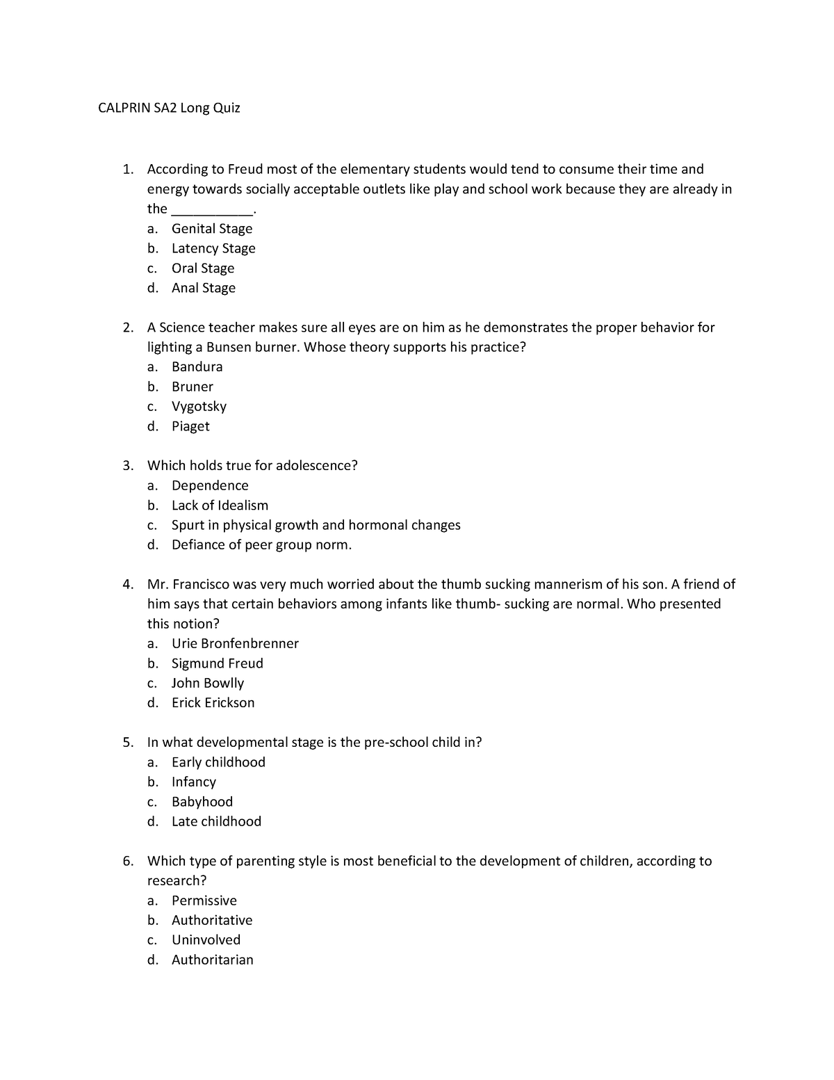 Calprin SA2 Long Quiz - The Child and Adolescent Learner and Learning ...