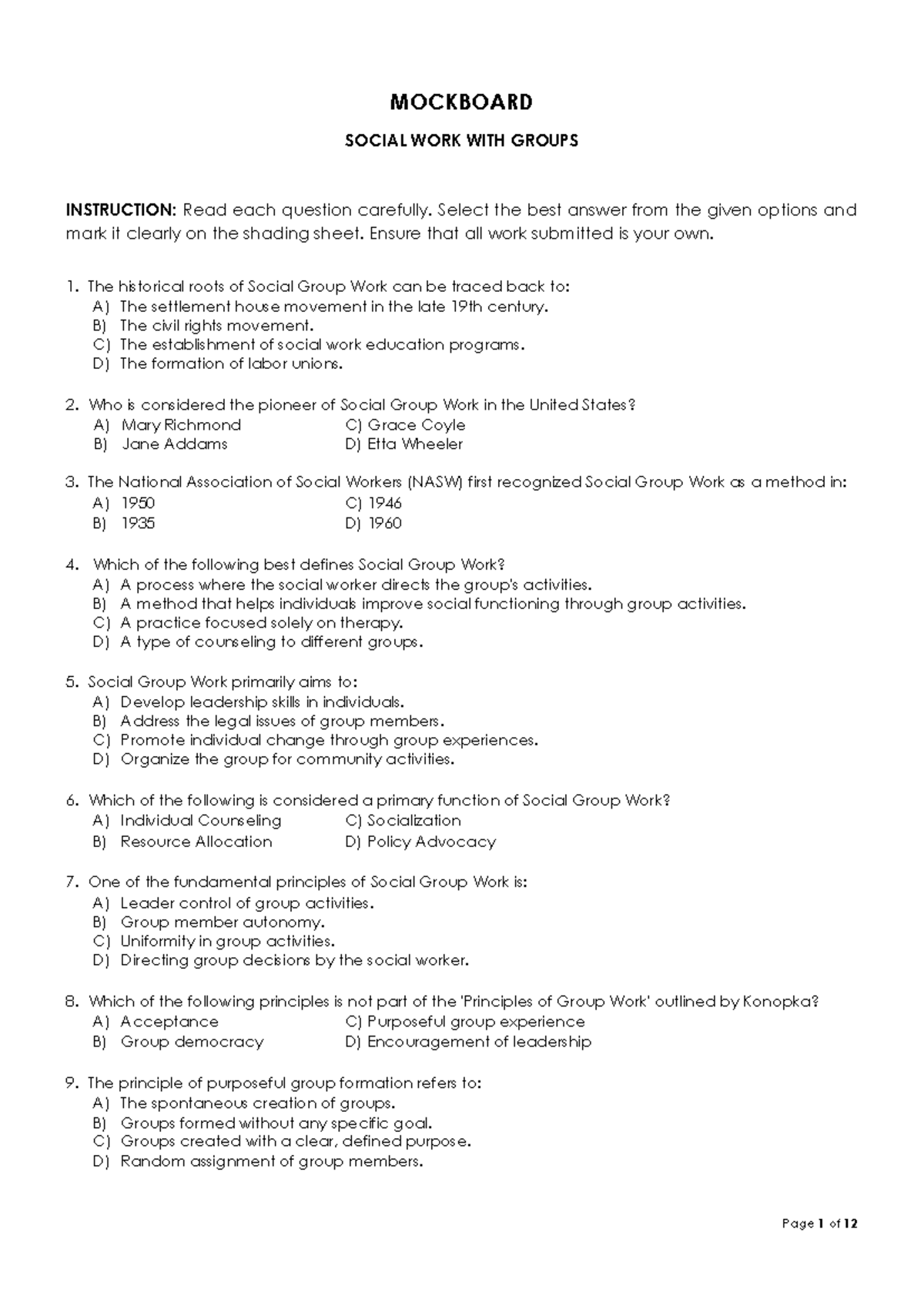 Groupwork Examination - MOCKBOARD SOCIAL WORK WITH GROUPS INSTRUCTION ...