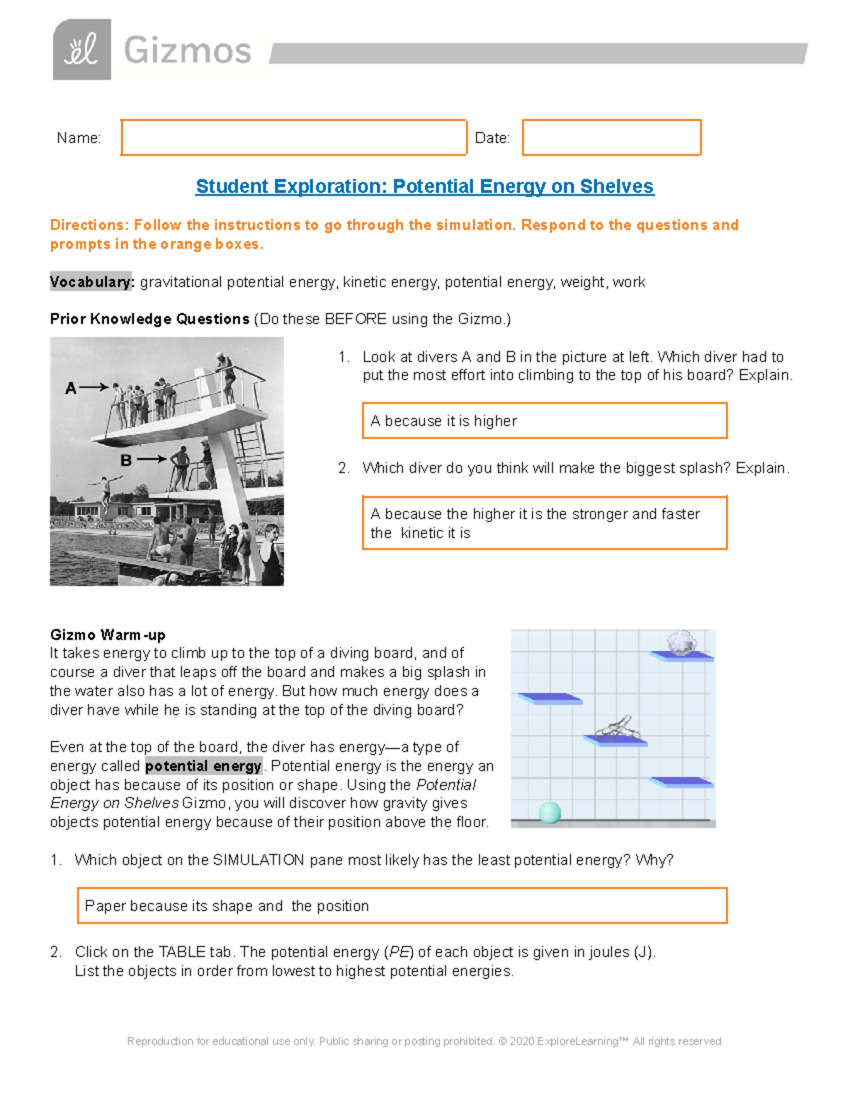 Jaylen Carter - Gizmo Potential Energy Shelves SE - Name: Date: Student ...