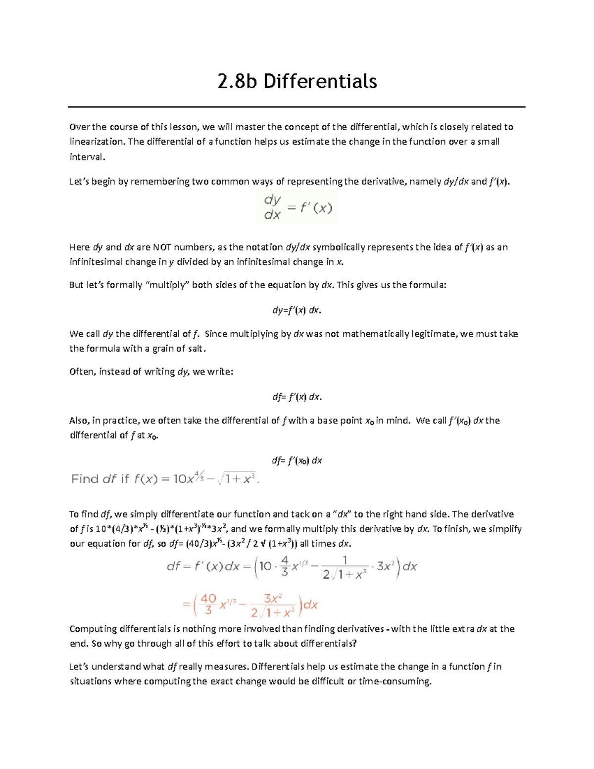 2.8b Differentials - Lecture Notes - 2 Differentials Over The Course Of ...