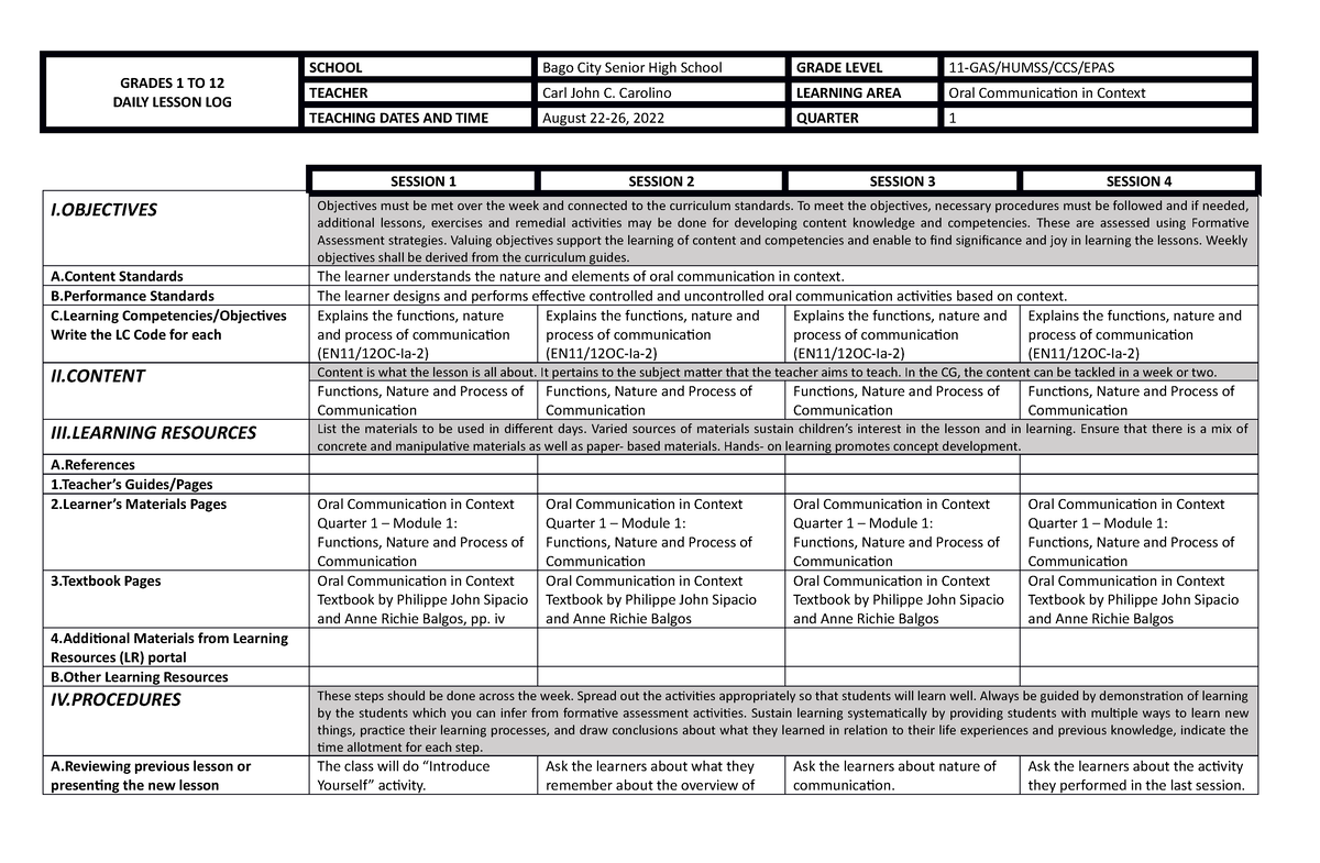 OC Q1 W1 - Doc - GRADES 1 TO 12 DAILY LESSON LOG SCHOOL Bago City ...