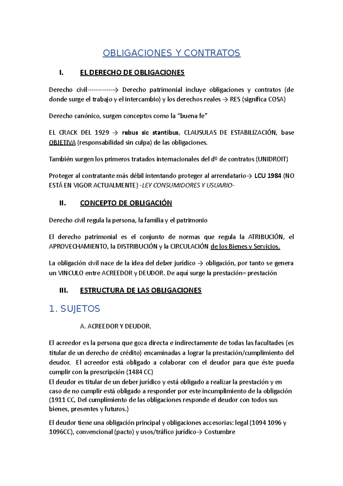 Apuntes Obligaciones - OBLIGACIONES Y CONTRATOS I. EL DERECHO DE ...