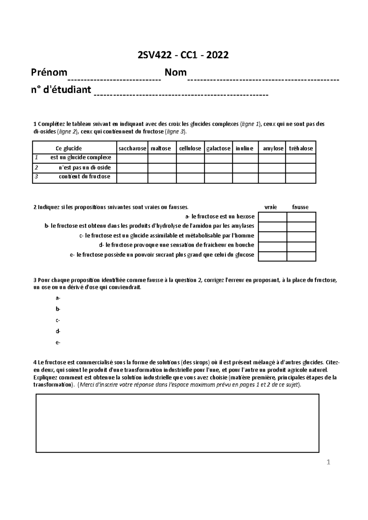 CC1 HP 422 2022 - préparation examen 2022 - 1 Complétez le tableau ...