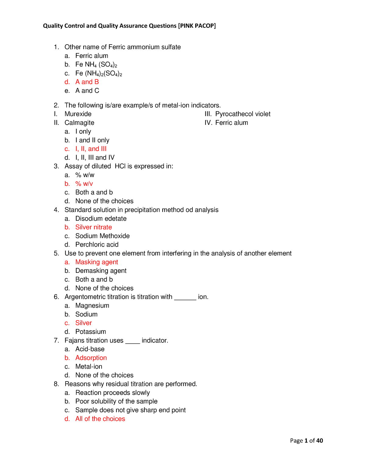 Quality Control Answer Key-PINK Pacop - Other name of Ferric ammonium ...