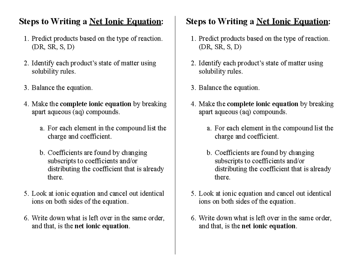 Steps For Net Ionic Equations Steps To Writing A Net Ionic Equation 