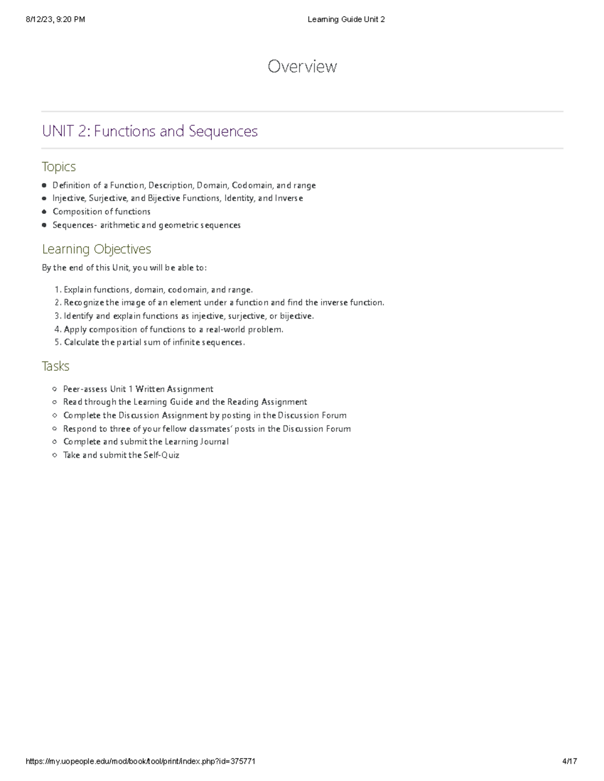 Learning Guide Unit 2 - Overview UNIT 2: Functions and Sequences Topics ...