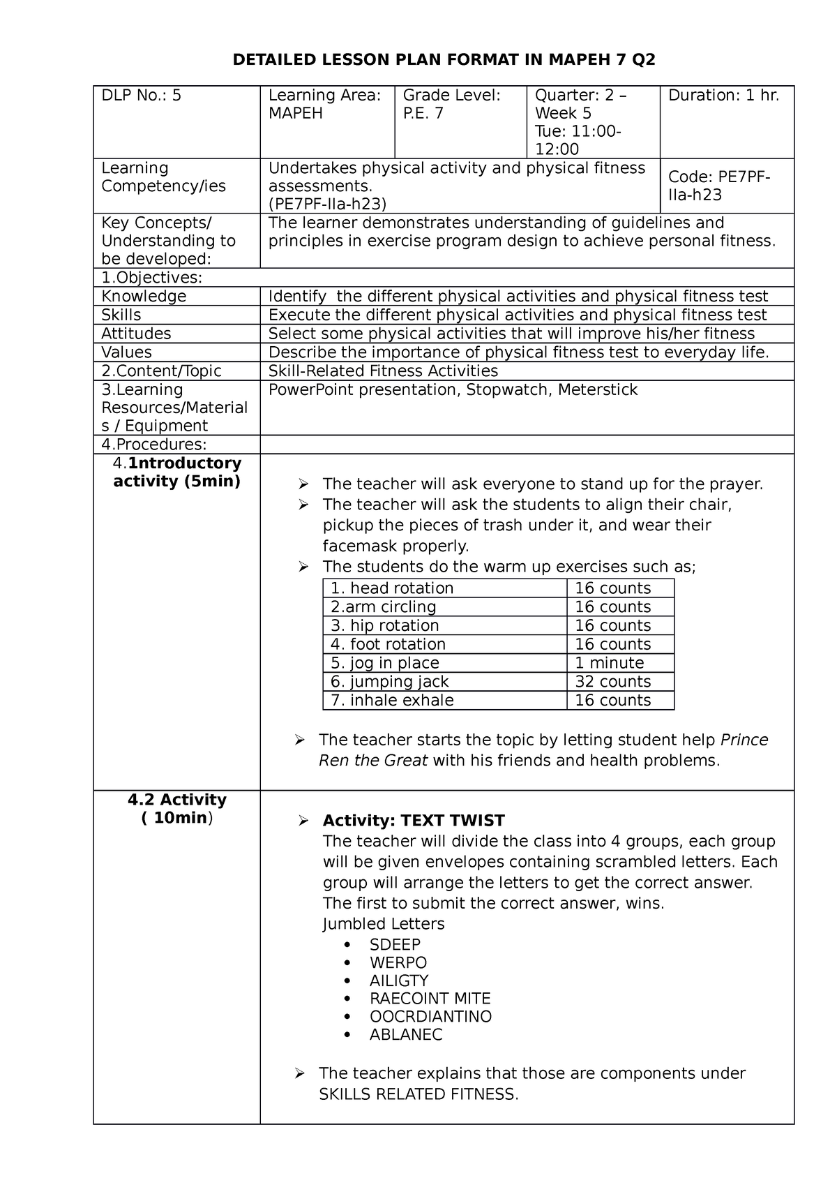 COT - classroom Observation in TLE7 - DETAILED LESSON PLAN FORMAT IN ...