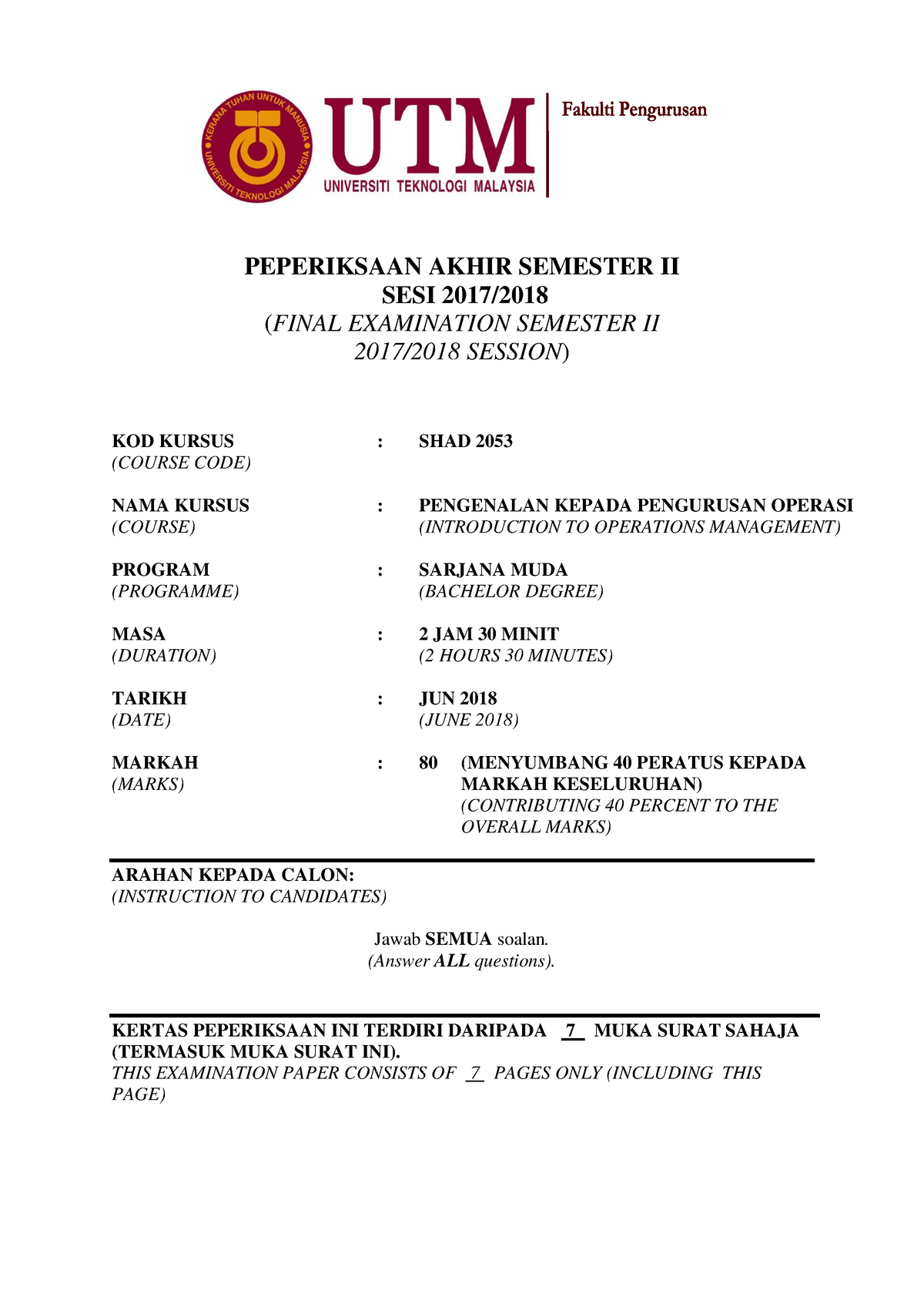 SHAD 2053 - Intro TO Operation MGMT - PEPERIKSAAN AKHIR SEMESTER II ...