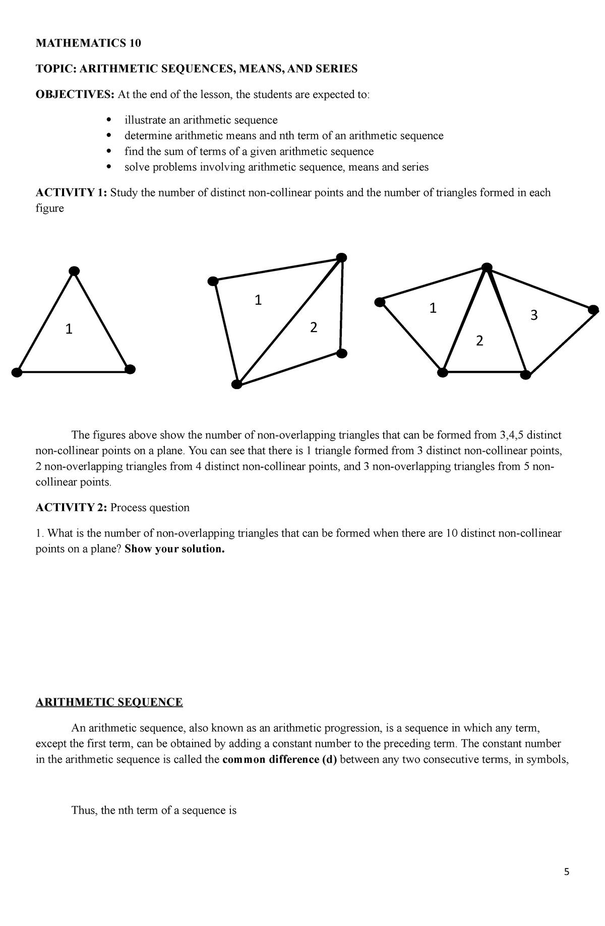 Week 2-3 - N/A - MATHEMATICS 10 TOPIC: ARITHMETIC SEQUENCES, MEANS, AND ...