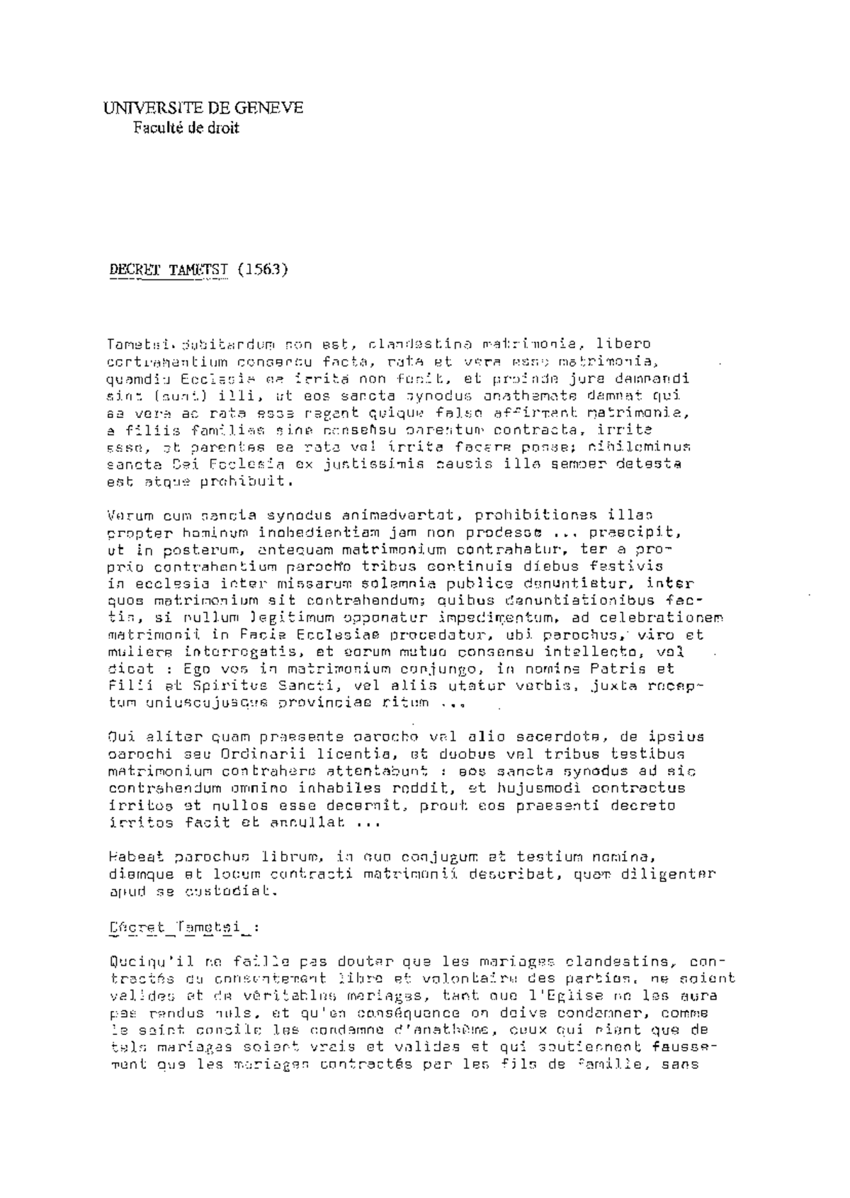 10. Décret Tametsi (1563) UNIVERSITE DE GENEVE Faculte de droit