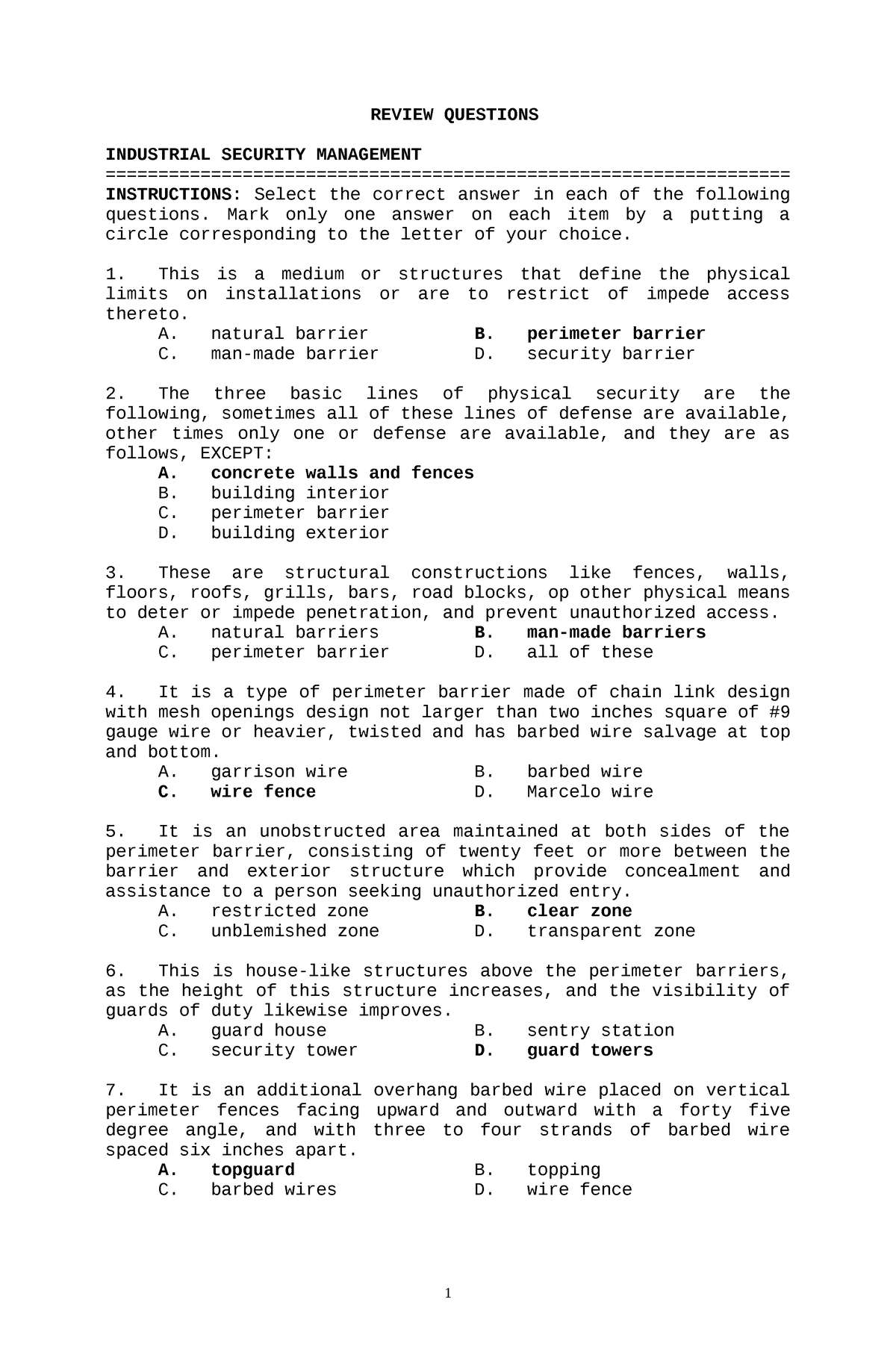 Security - hajja - REVIEW QUESTIONS INDUSTRIAL SECURITY MANAGEMENT ...