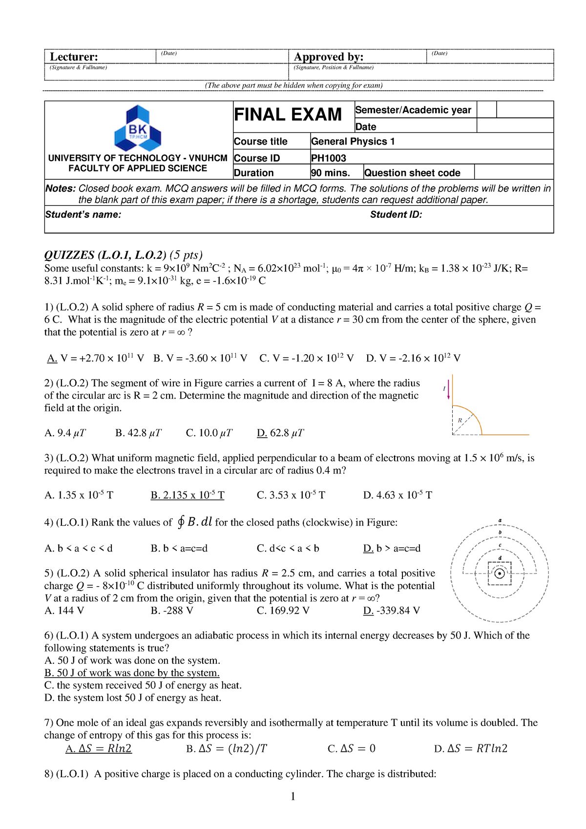 Final Exam Physics 1 - Cấda - 1 Lecturer: (Date) Approved By: (Date ...