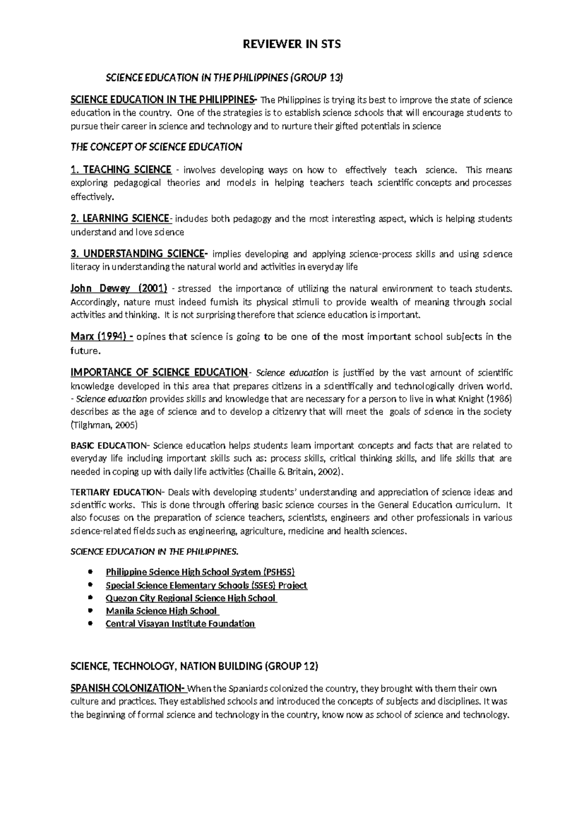 Reviewer STS GR 13 to GR 9 - SCIENCE EDUCATION IN THE PHILIPPINES ...
