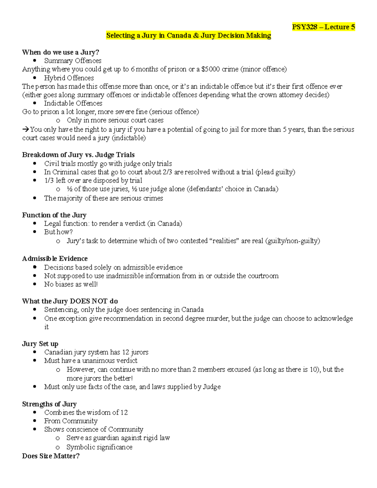 Psy38 Lecture Ii Psy328 Lecture 5 Selecting A Jury In Canada