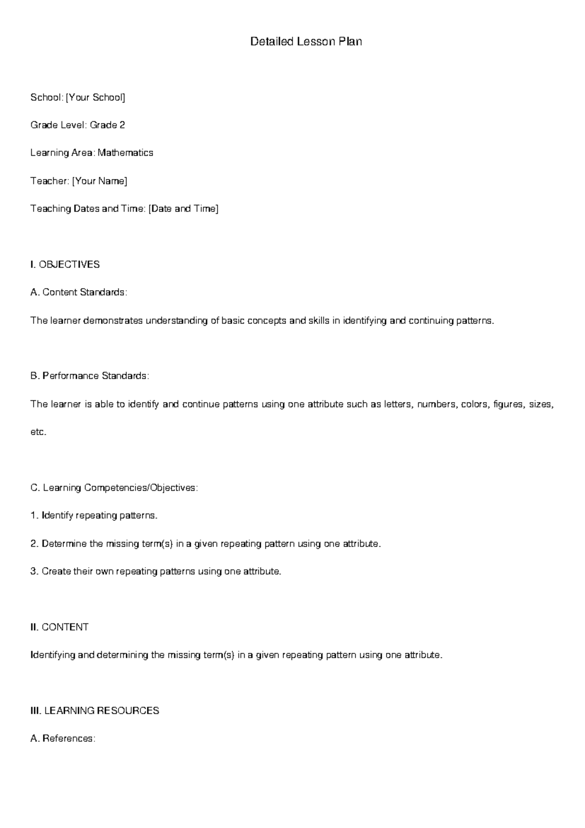 Detailed Lesson Plan Patterns - Detailed Lesson Plan School: [Your ...