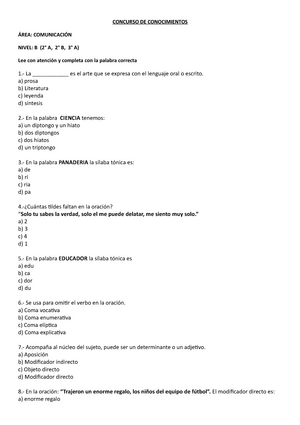 Examen de Comunicación nivel secundaria - CONCURSO DE CONOCIMIENTOS ÁREA:  COMUNICACIÓN NIVEL: B (2° - Studocu