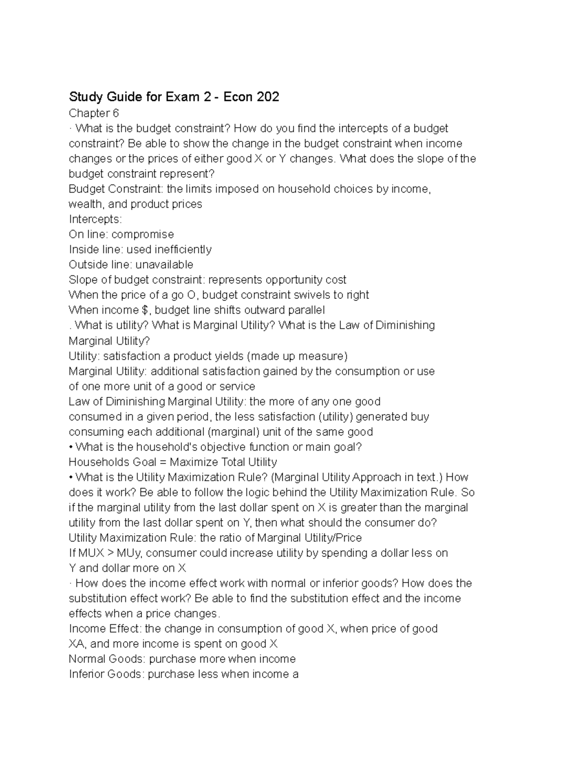 Study Guide for Exam 2 - Econ 202 - Study Guide for Exam 2 - Econ 202 ...