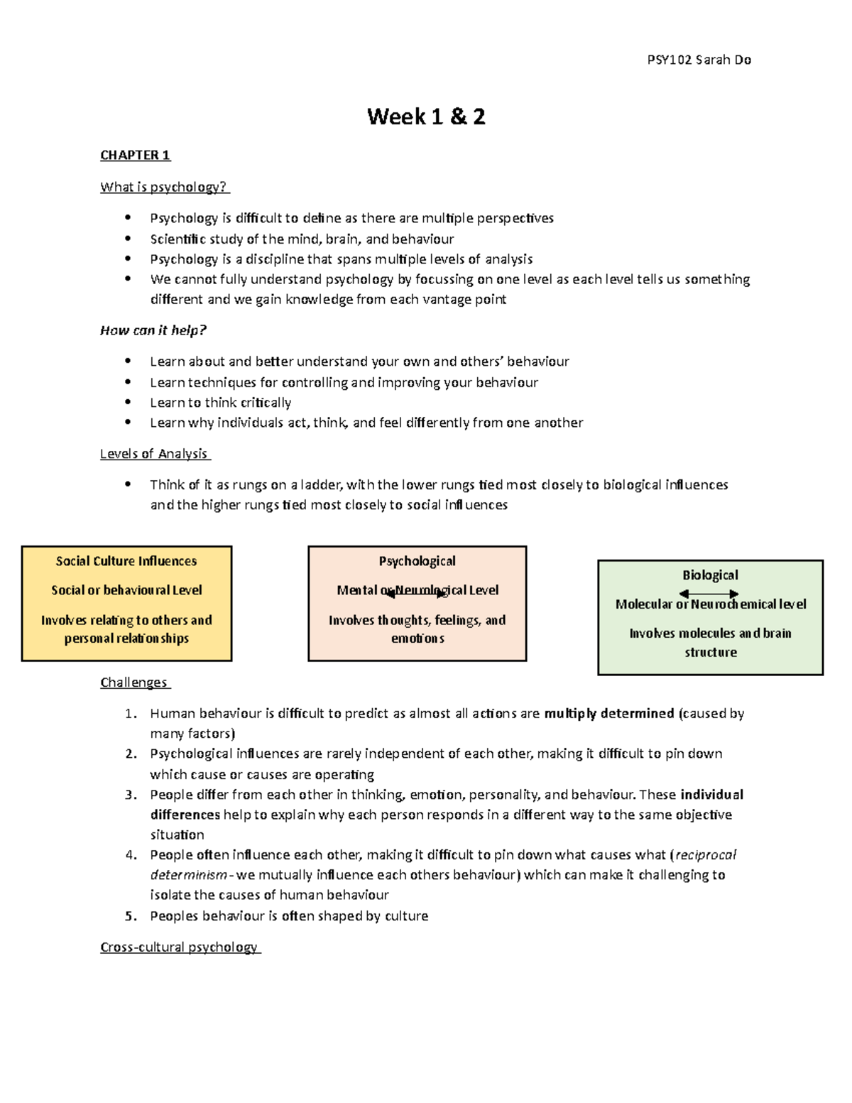 WEEK 1&2 PSY102 Notes - PSY102 Sarah Do Week 1 & 2 CHAPTER 1 What is ...