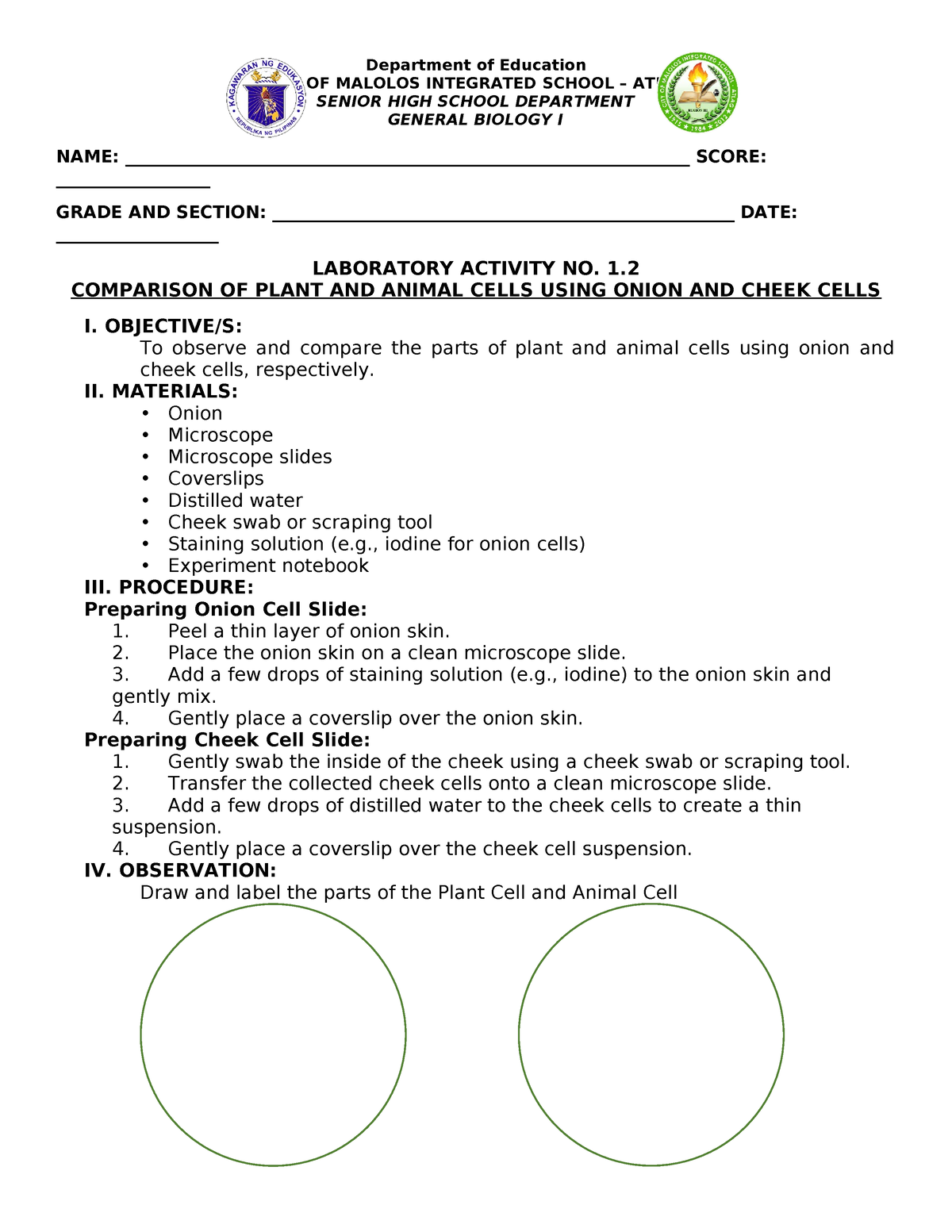 plant cell experiment report