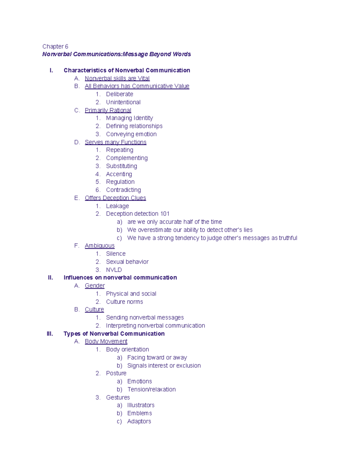 Ch. 6 Coms 8 - book notes, professor Castilli - Chapter 6 Nonverbal ...