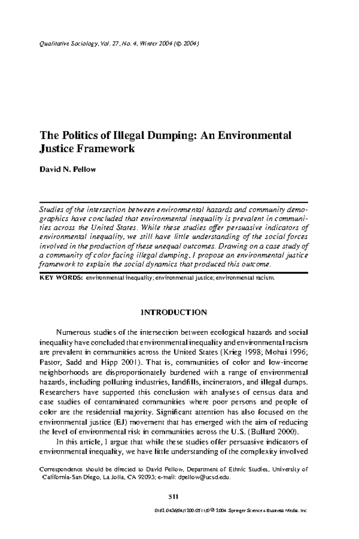 Environment Academic Journal Article - Qualitative Sociology, Vol. 27 ...