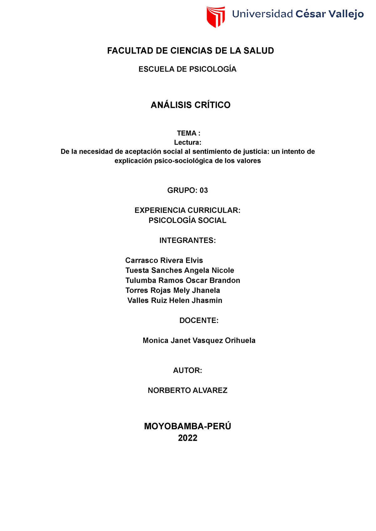 Analisis Lectura Sesion 08 Grupo 03 Facultad De Ciencias De La Salud Escuela De PsicologÍa 9157