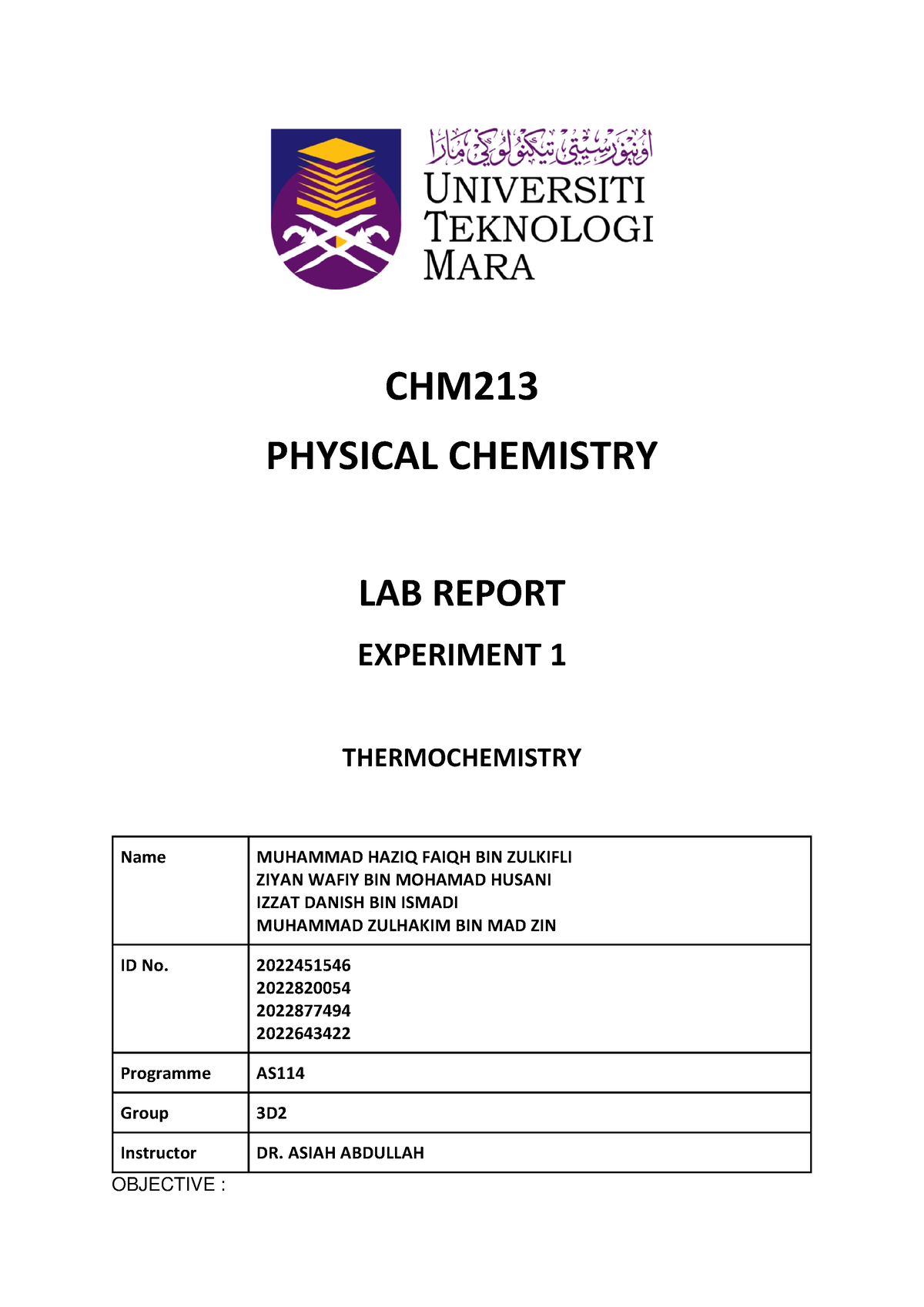 Lab Report 1 CHM213 Exp 1 - CHM PHYSICAL CHEMISTRY LAB REPORT ...