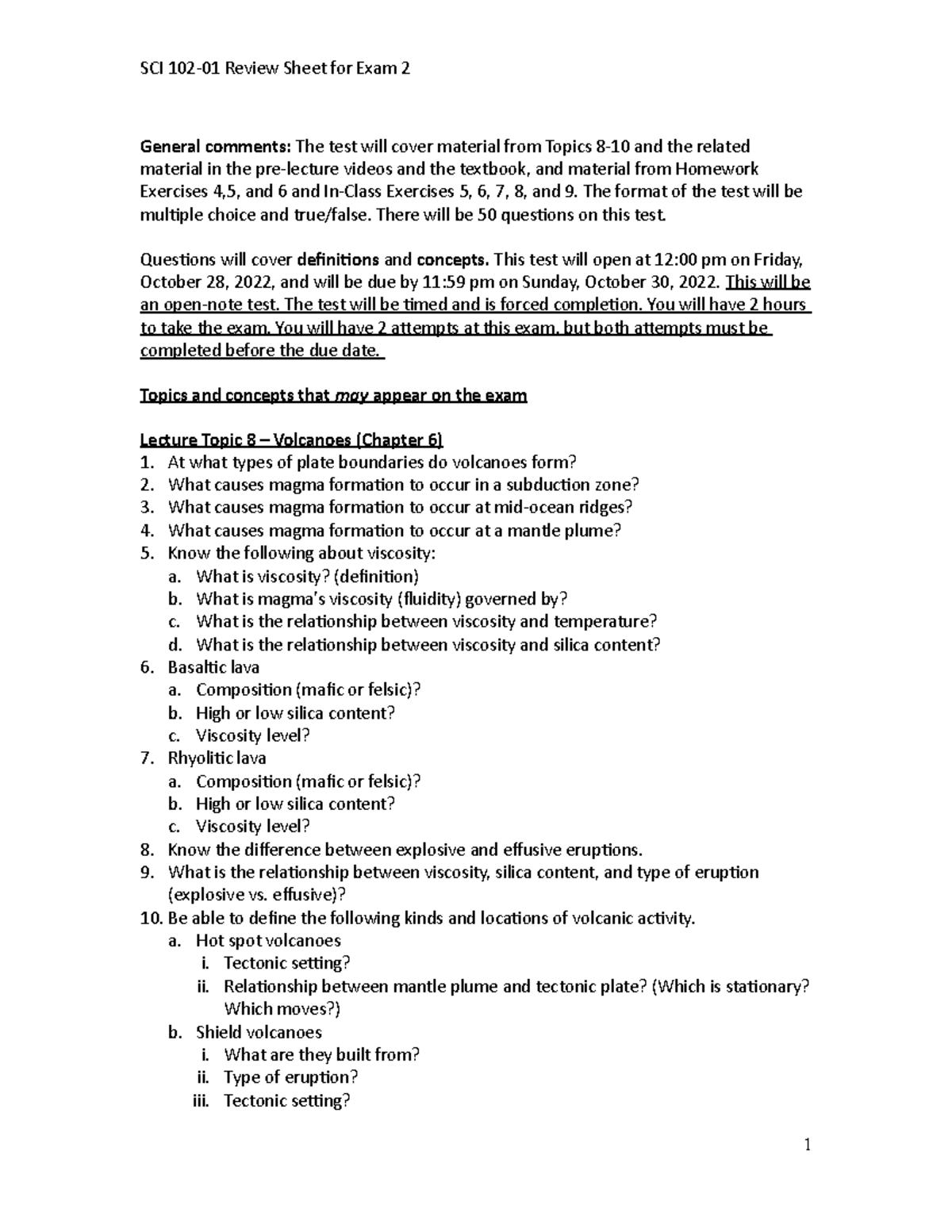 SCI 102 Review Sheet for Exam 2 - FA22 - General comments: The test ...