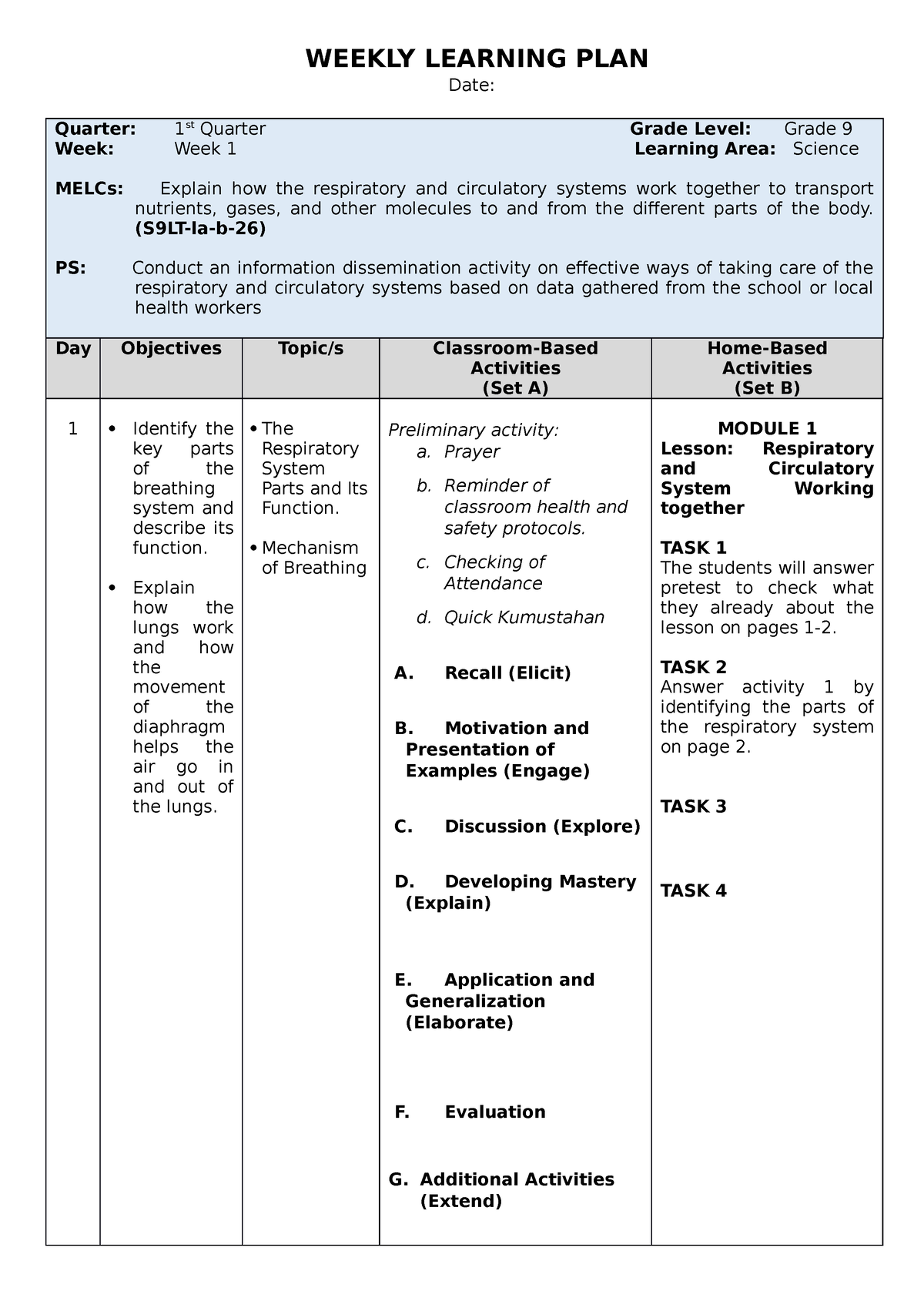 Standardized-WLP-Format - WEEKLY LEARNING PLAN Date: Quarter: 1 St ...