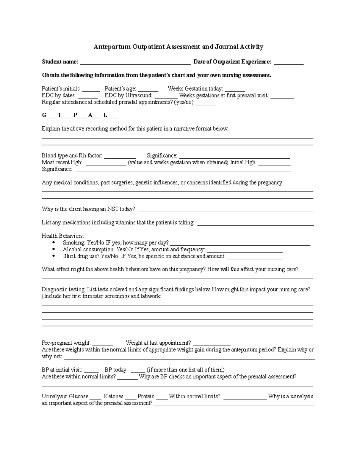 Antepartum Assessment Form With Care Plan2 - Antepartum Outpatient ...