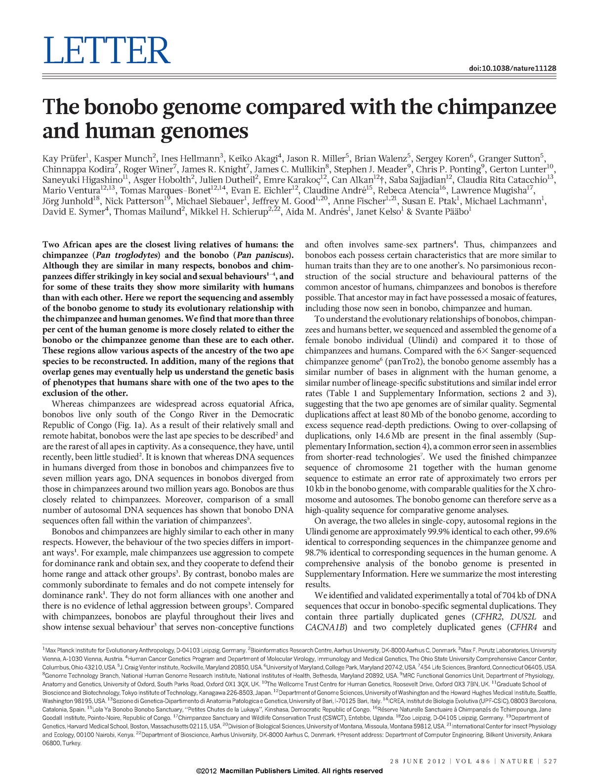 Nature genetics bonobos - LETTER doi:10/nature The bonobo genome