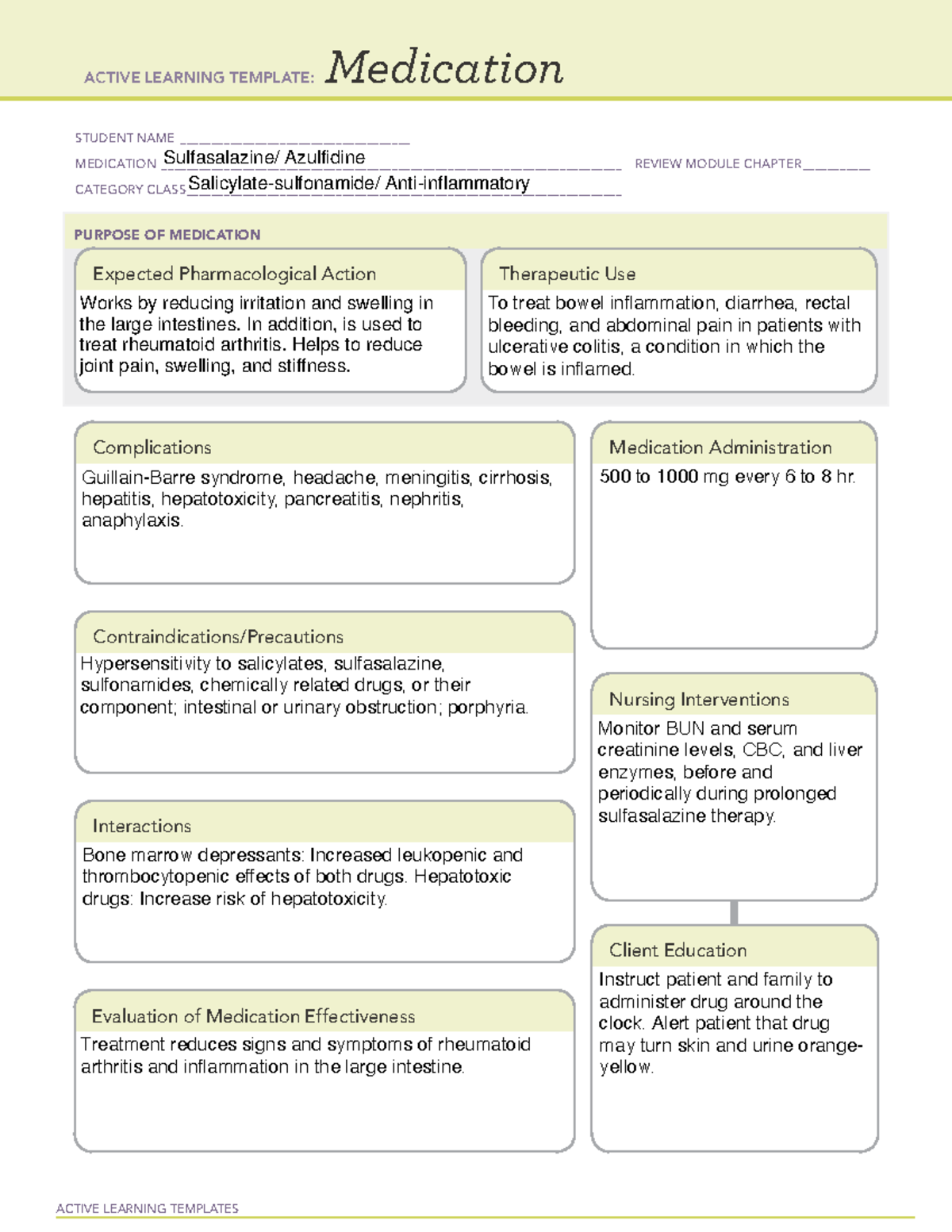 Sulfasalazine - Review notes and answers for quiz 1 NURS 306. Notes for ...