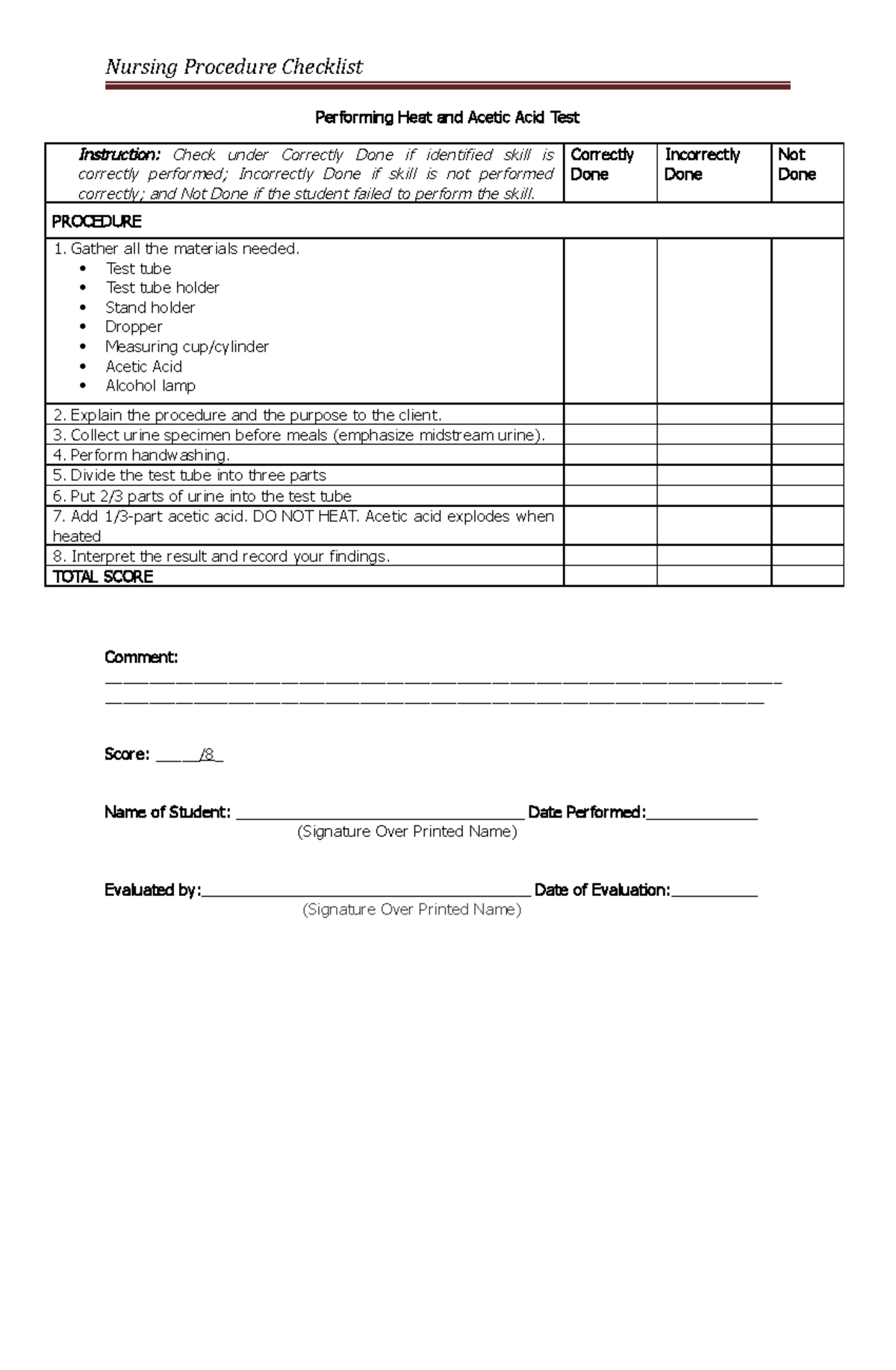 Acetic ACID TEST Checklist - Nursing Procedure Checklist Performing ...