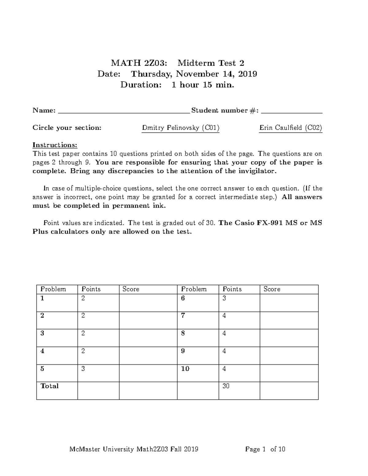 Test2 Sample 2019 - materials - MATH 2Z03: Midterm Test 2 Date ...
