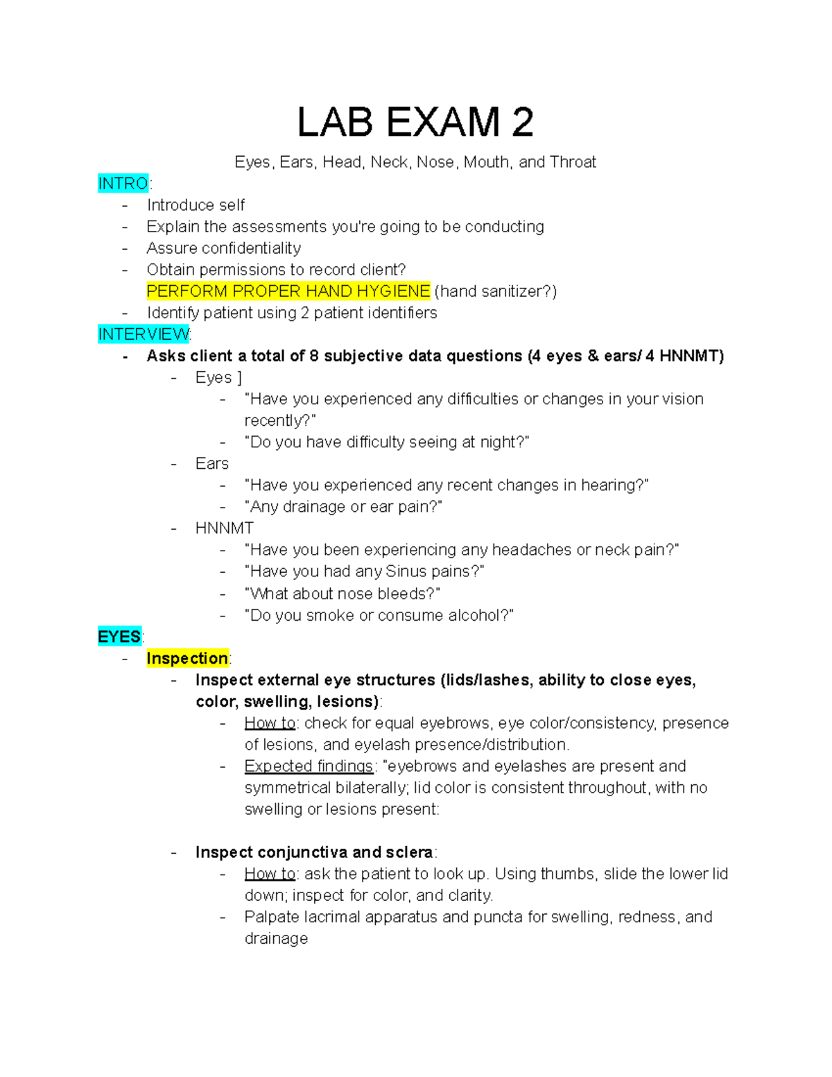 FILE 1642 - Nursing Ha - LAB EXAM 2 Eyes, Ears, Head, Neck, Nose, Mouth ...