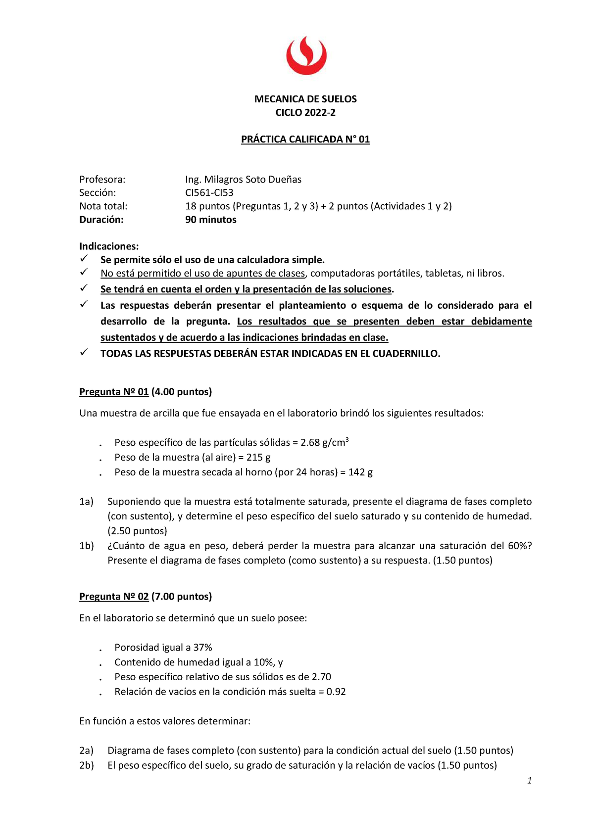 Práctica N°1 (2022-2) MSD CI53 - 1 MECANICA DE SUELOS CICLO 2022 ...