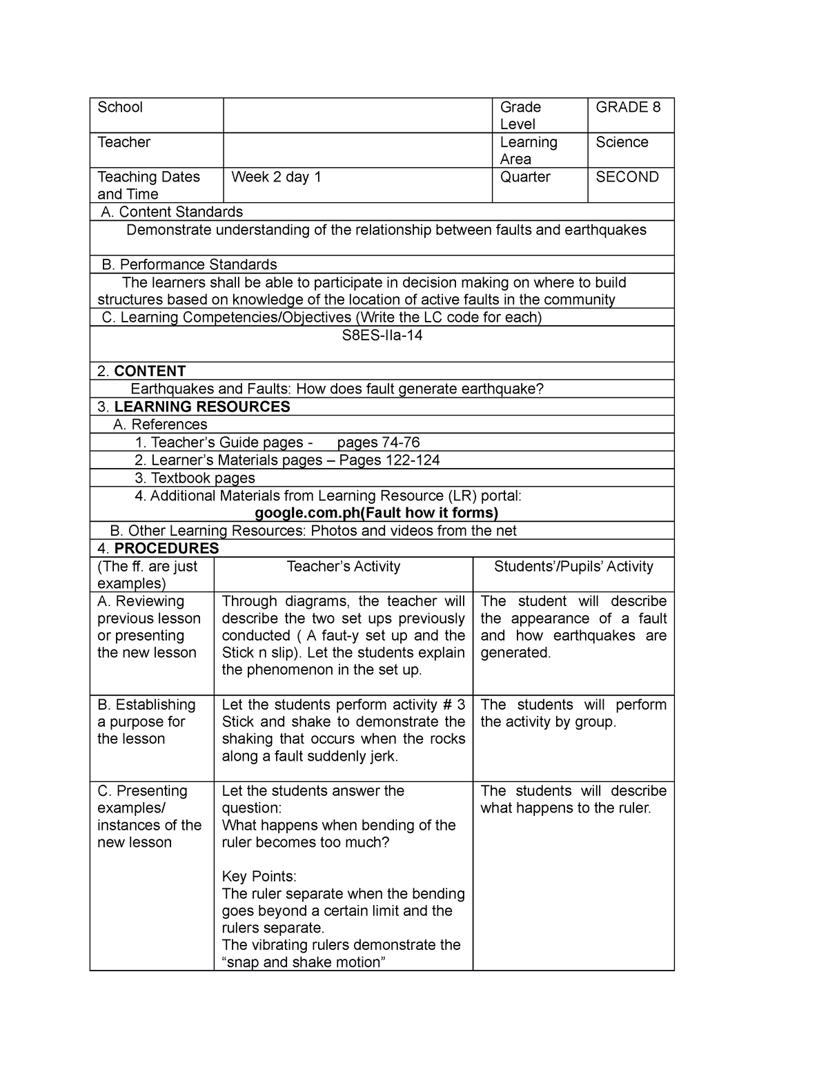 S8ES IIa 14 Earthquakes and Faults What is Fault - School Grade Level ...
