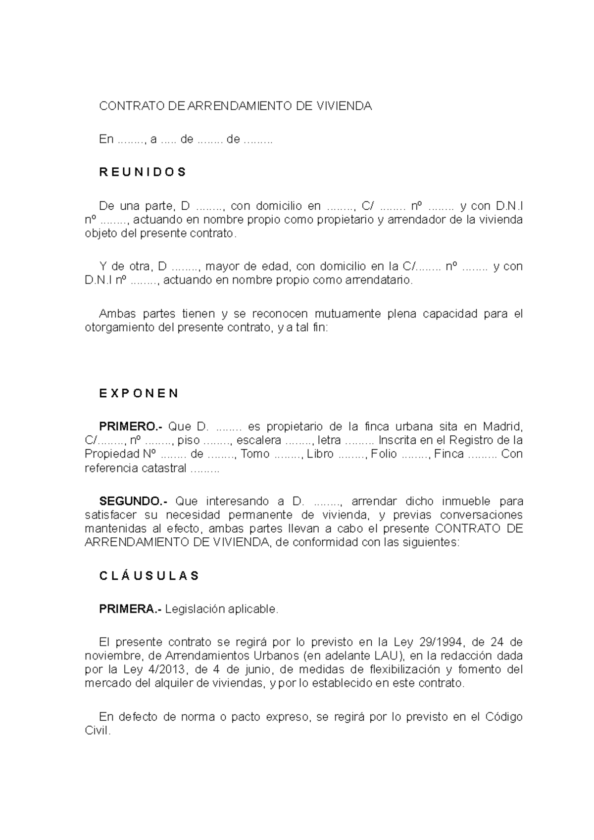 Contrato Arrendamiento Plantilla Contrato De Arrendamiento De Vivienda En A 9193