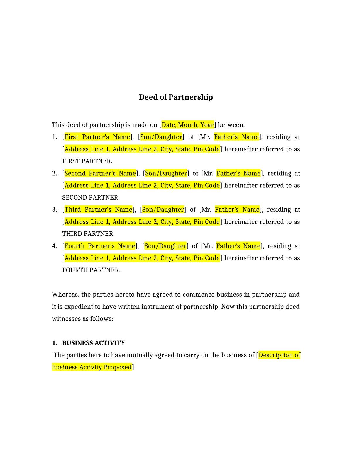 Partnership Deed Format Deed Of Partnership This Deed Of Partnership   Thumb 1200 1553 