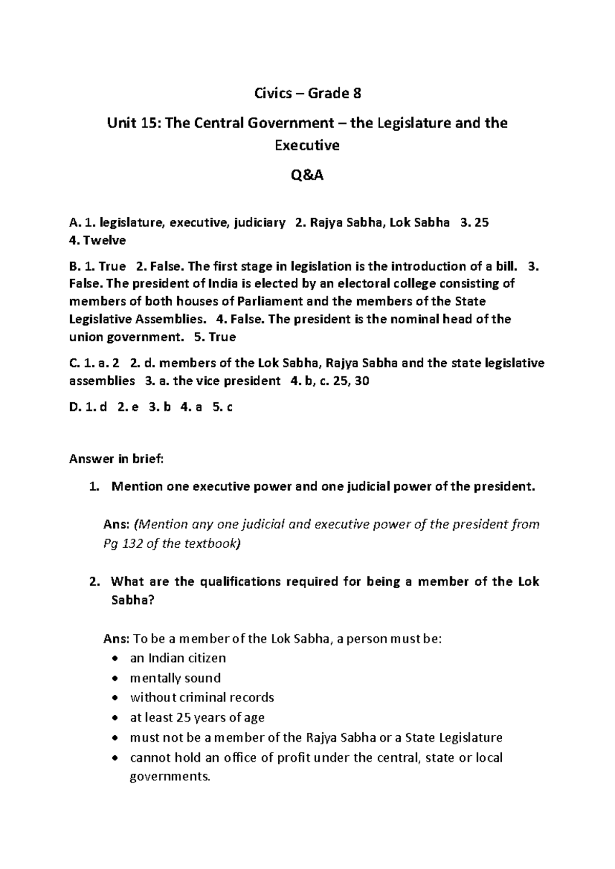 Grade 8 - Civics - Unit 15 QA - Civics – Grade 8 Unit 15: The Central ...