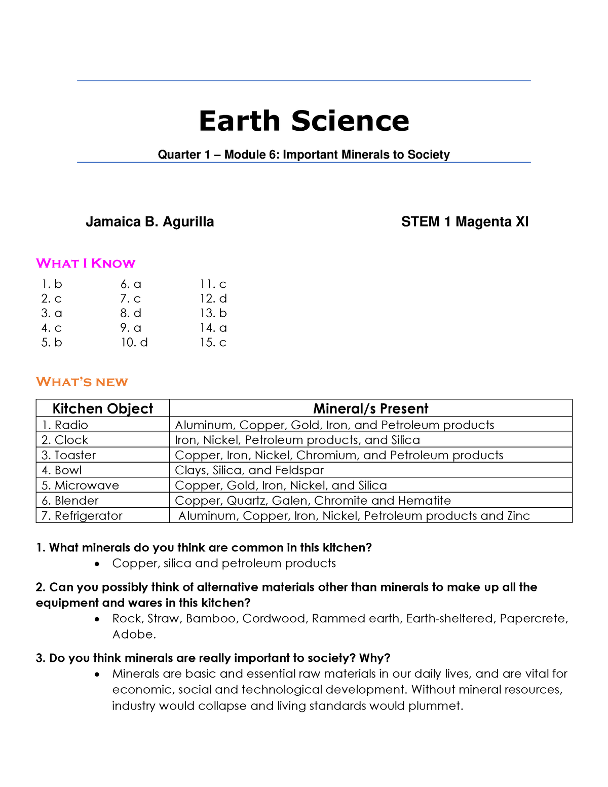 Earth Sci Q1–M6 Important Minerals To Society - Earth Science Quarter 1 ...