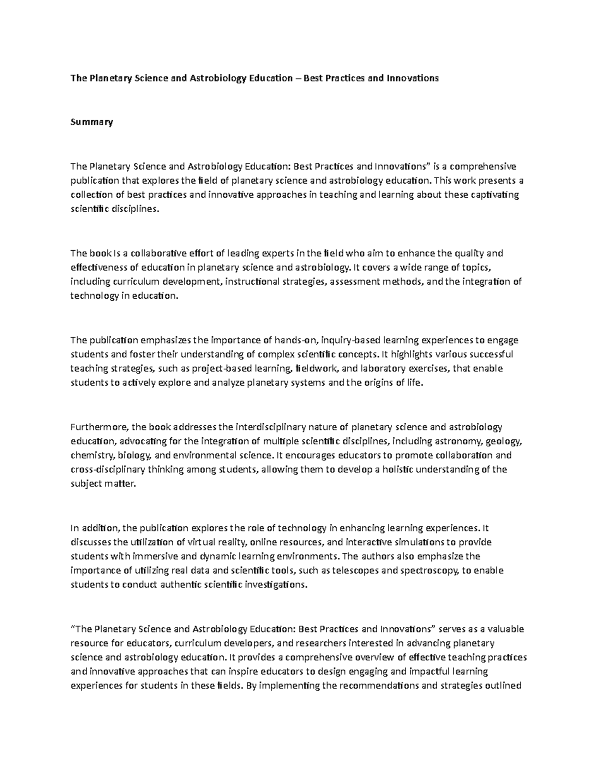 The Science and Astrobiology Education Best Practices and