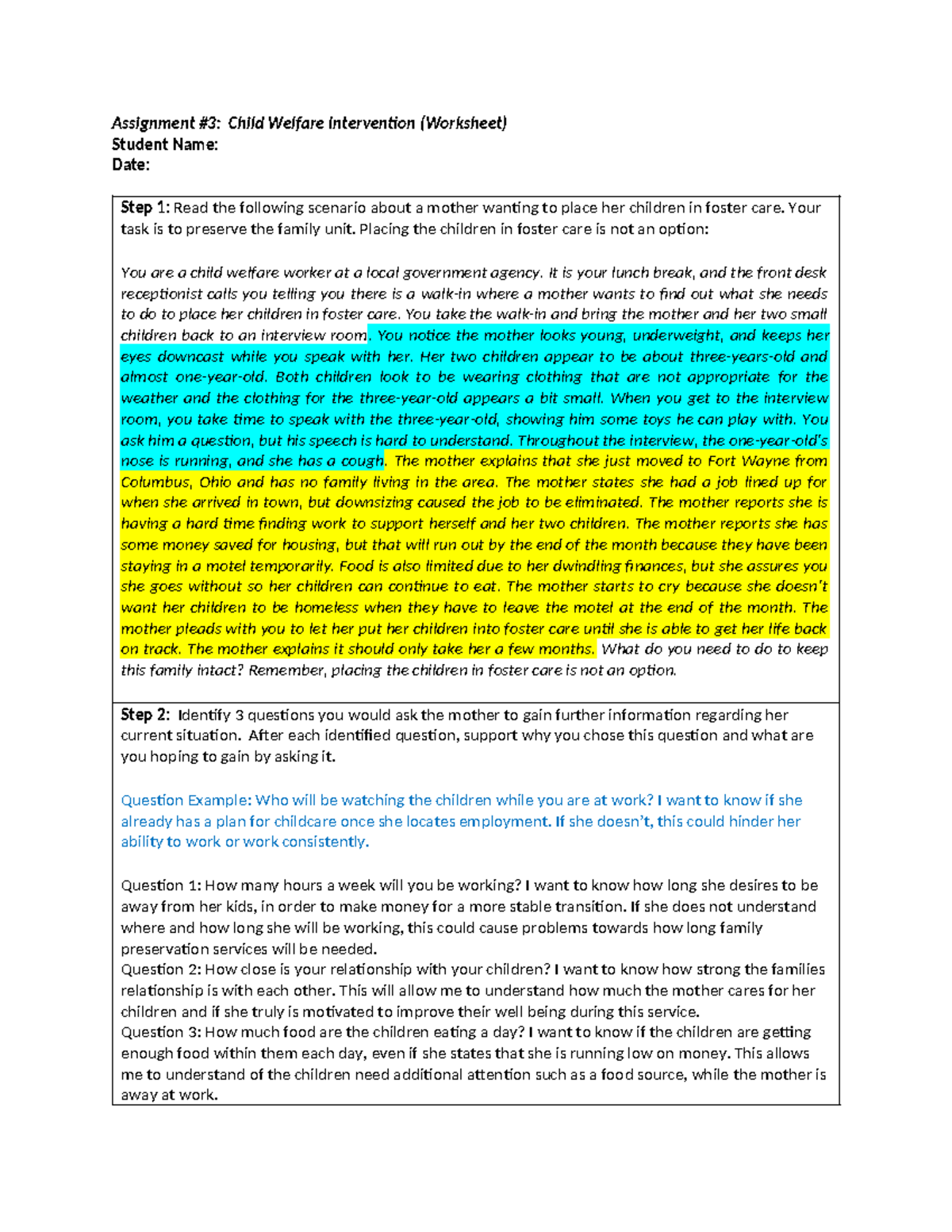 Assignment #3 Worksheet - Assignment #3: Child Welfare Intervention ...
