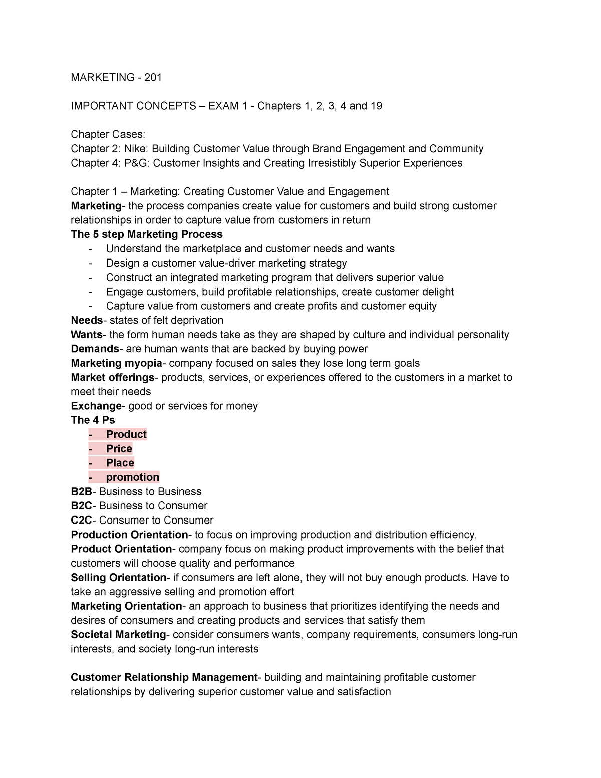 Study Guide For Marketing Exam - MARKETING - 201 IMPORTANT CONCEPTS ...