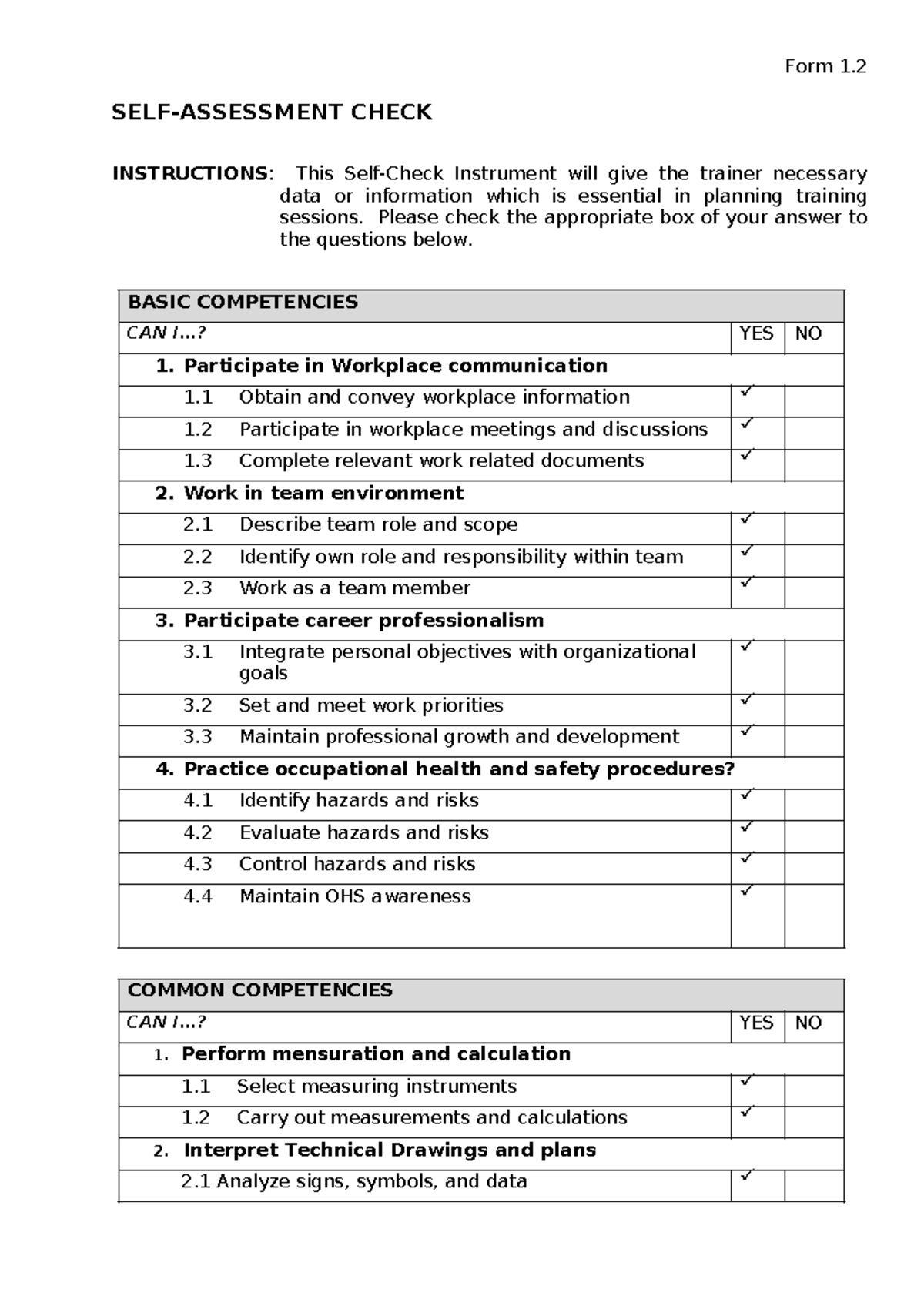 Training Needs Analysis Forms-done - SELF-ASSESSMENT CHECK INSTRUCTIONS ...