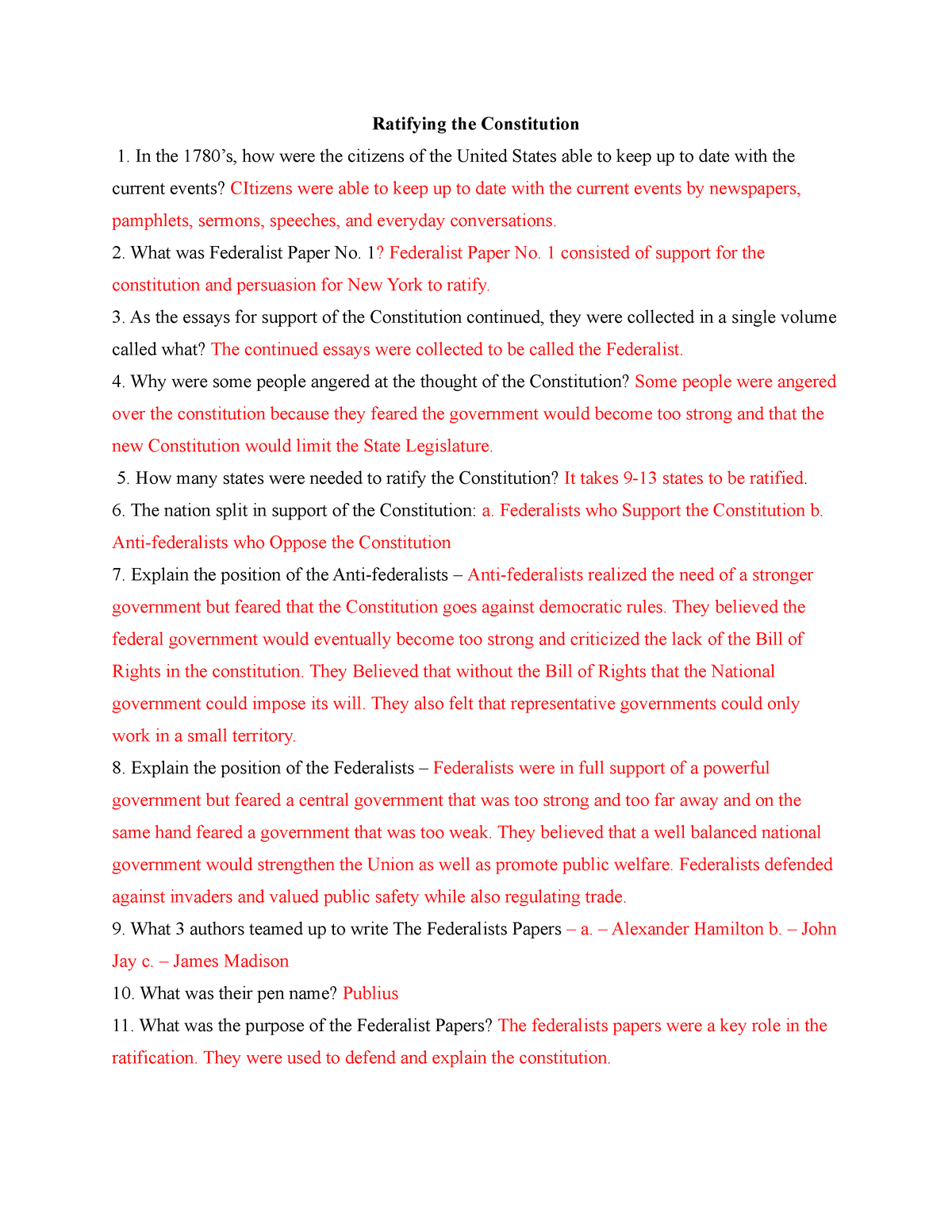 Ratifying the Constitution - What was Federalist Paper No. 20 Throughout Ratifying The Constitution Worksheet Answers