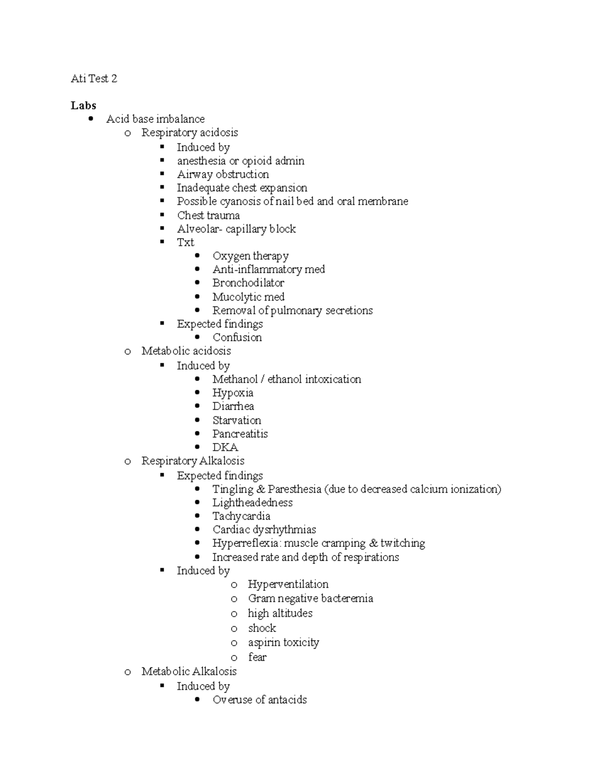 Ati Test 2 notes from AT2 Ati Test 2 Labs Acid base imbalance o