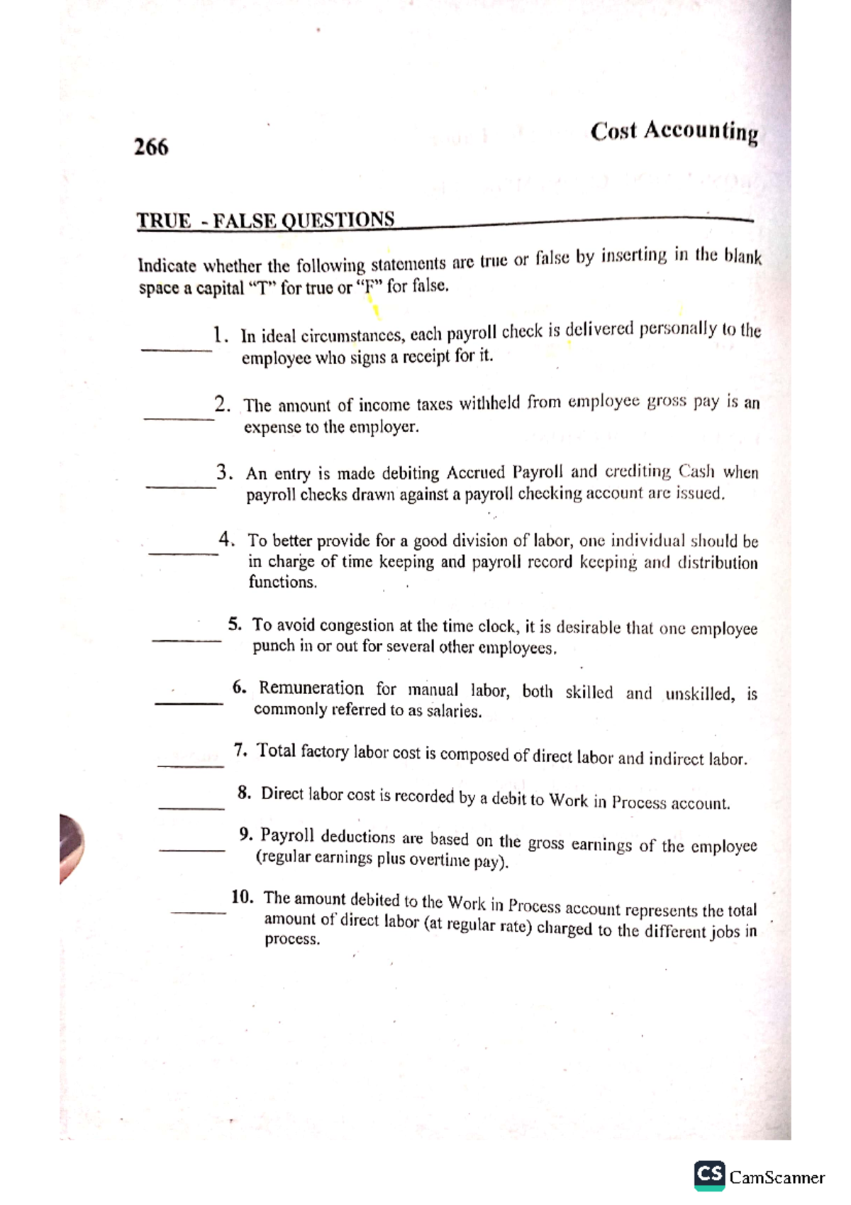 Chapter 9 True-False Questions - Cost Accounting and Control ...