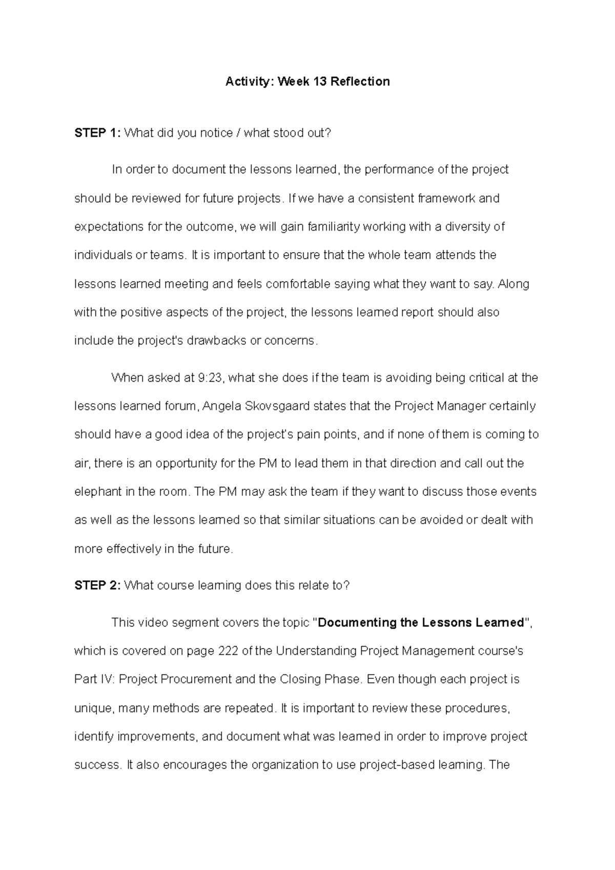 Week 13 Reflection project management - Activity: Week 13 Reflection ...